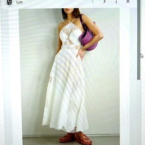 FARM Rio Crochet-Trimmed Linen Midi Dress